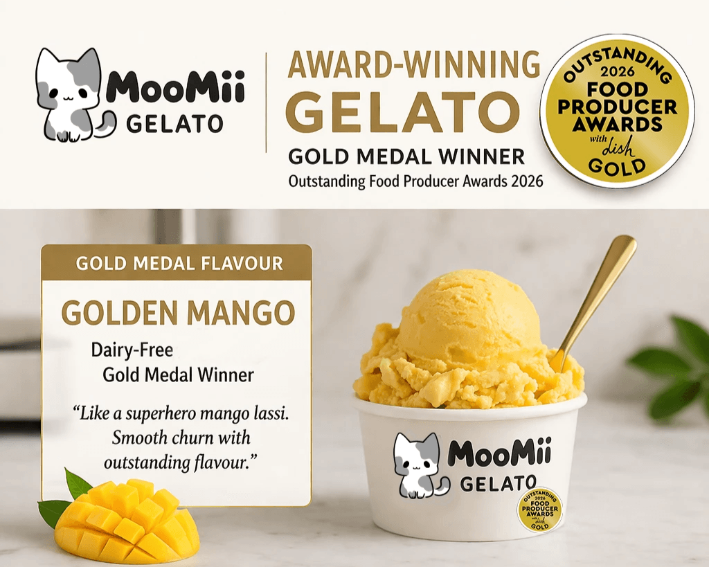 Our Golden Mango is a dairy-free / free-from gelato, and the judges described it as:  “Like a superhero mango lassi. Smooth churn with outstanding flavour.”