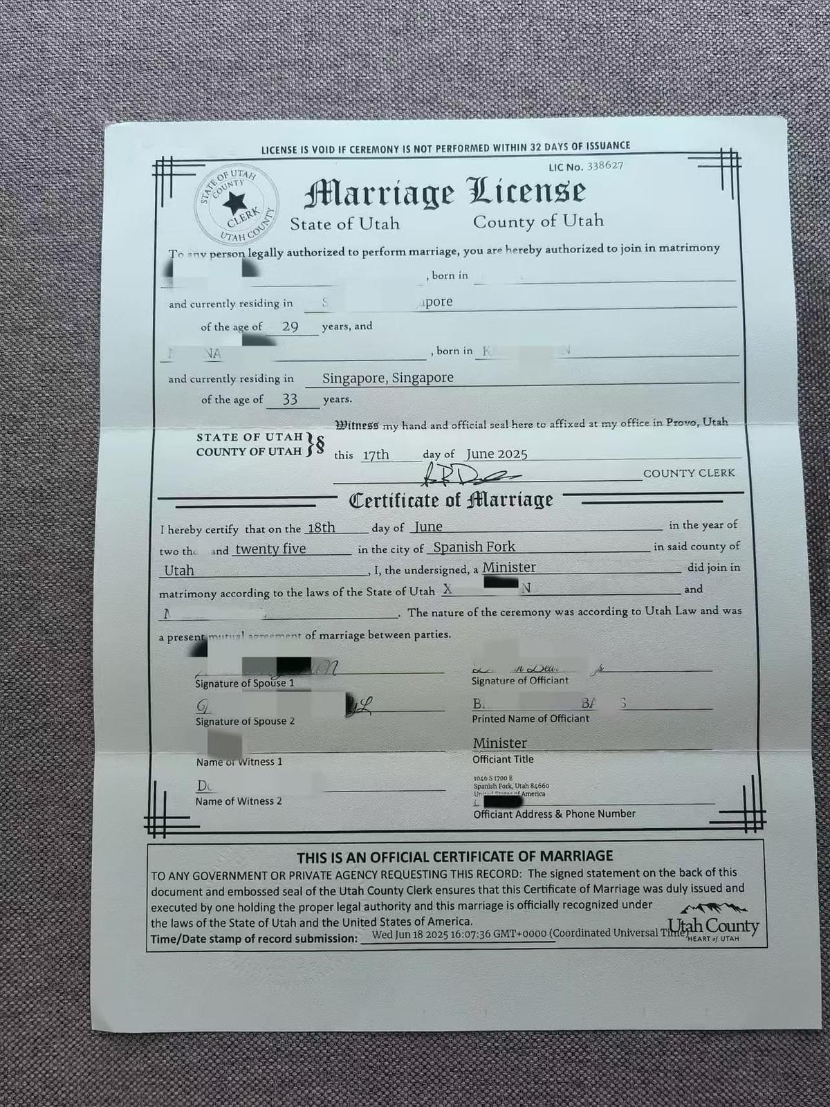 美国犹他州在线结婚结婚证照片样本