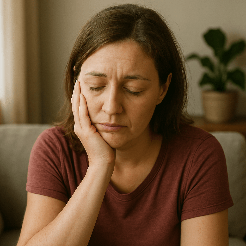 eine Frau liegt auf einem Sessel mit geschlossenen Augen und einer Tasse Tee in der Hand. Der Sesel steht vor einem Fenster, dass ins Grüne  blicken lässt. Auf der Fensterbank steht eine große Pflanze