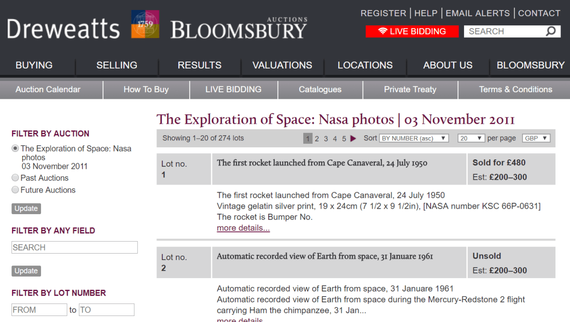 NASA and Space collectibles auctions