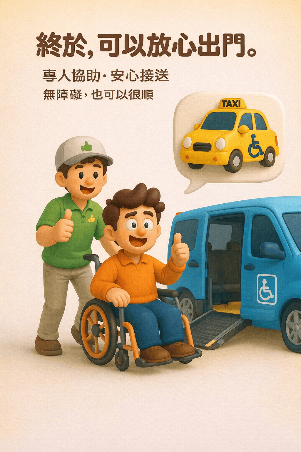 輪椅就醫接送服務，協助行動不便者前往醫院回診,搭乘無障礙車輛,輪椅可直接上下車免除家屬移位的困難,讓出門更家舒適方便