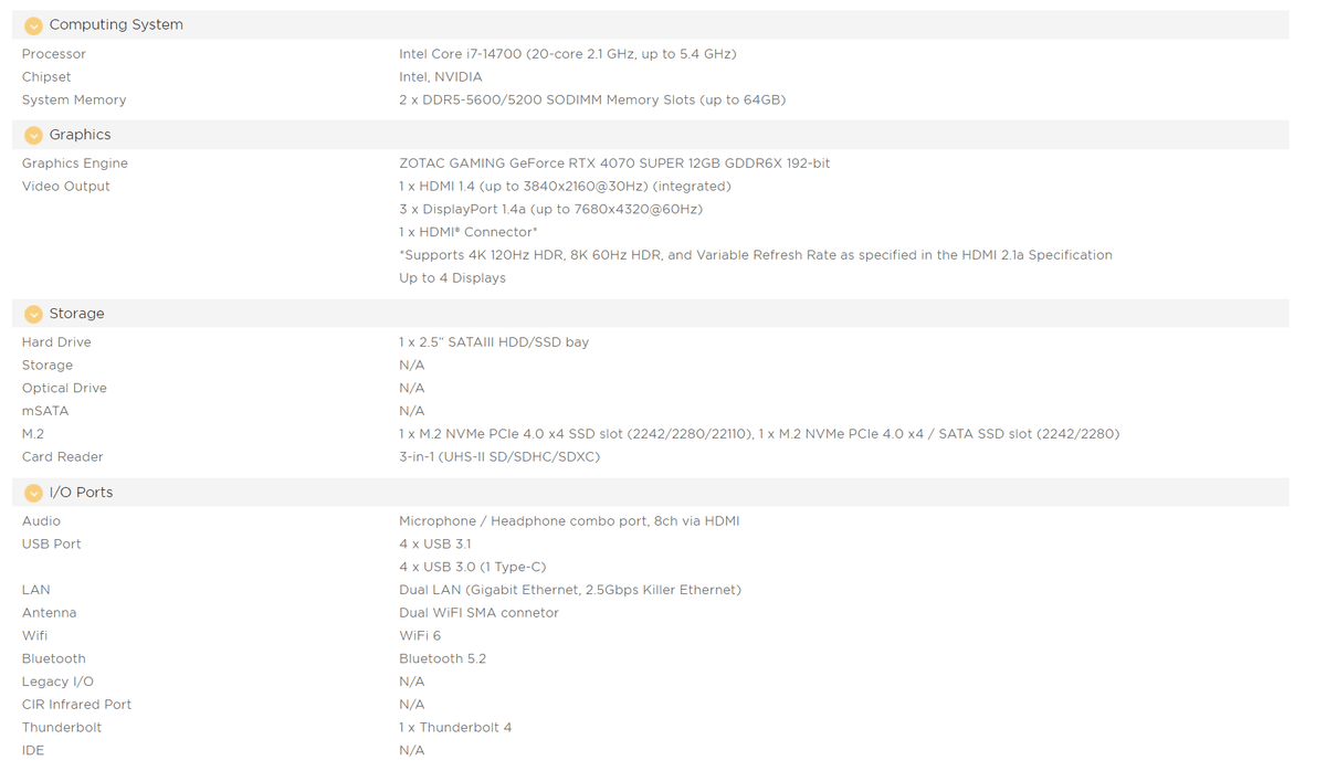 ZOTAC MAGNUS ONE ERP74070SC 迷你電腦 Barebone 準系統 (i7-14700、RTX 4070 Super、DDR5 x2、M.2 Slot x 2)