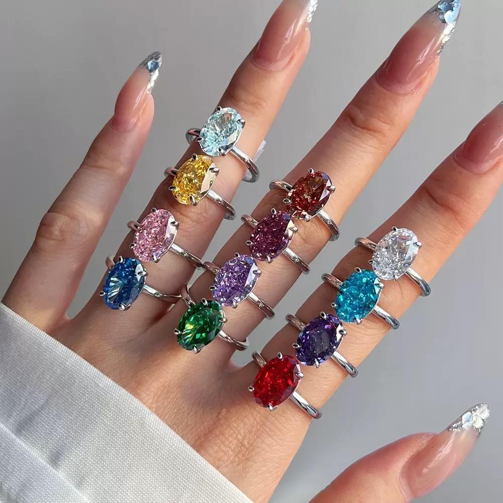 B2B S925 Silver Oval Ice Flower Cut Colored Zirconia Birthstone Minimalist Jewelry for Women