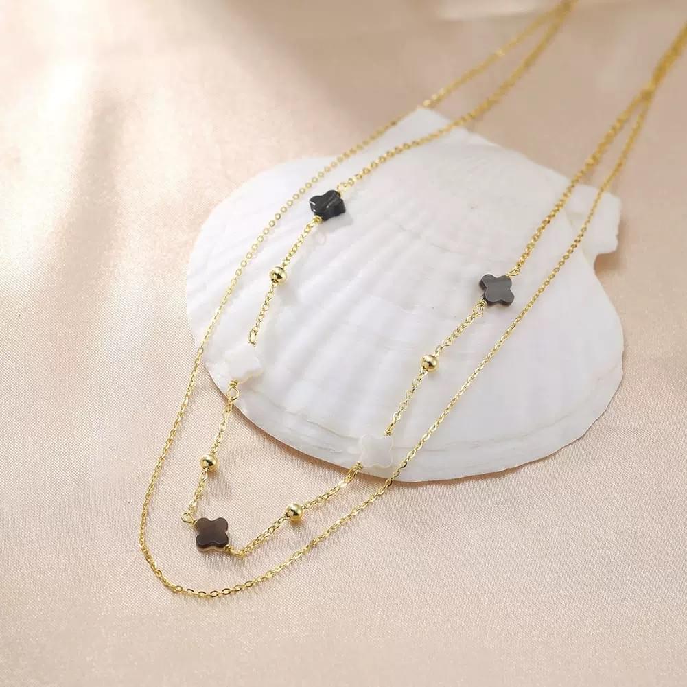 Wholesale 925 Sterling Silver Celestial Boho Double Layer Choker Necklace with Black Shell Clover