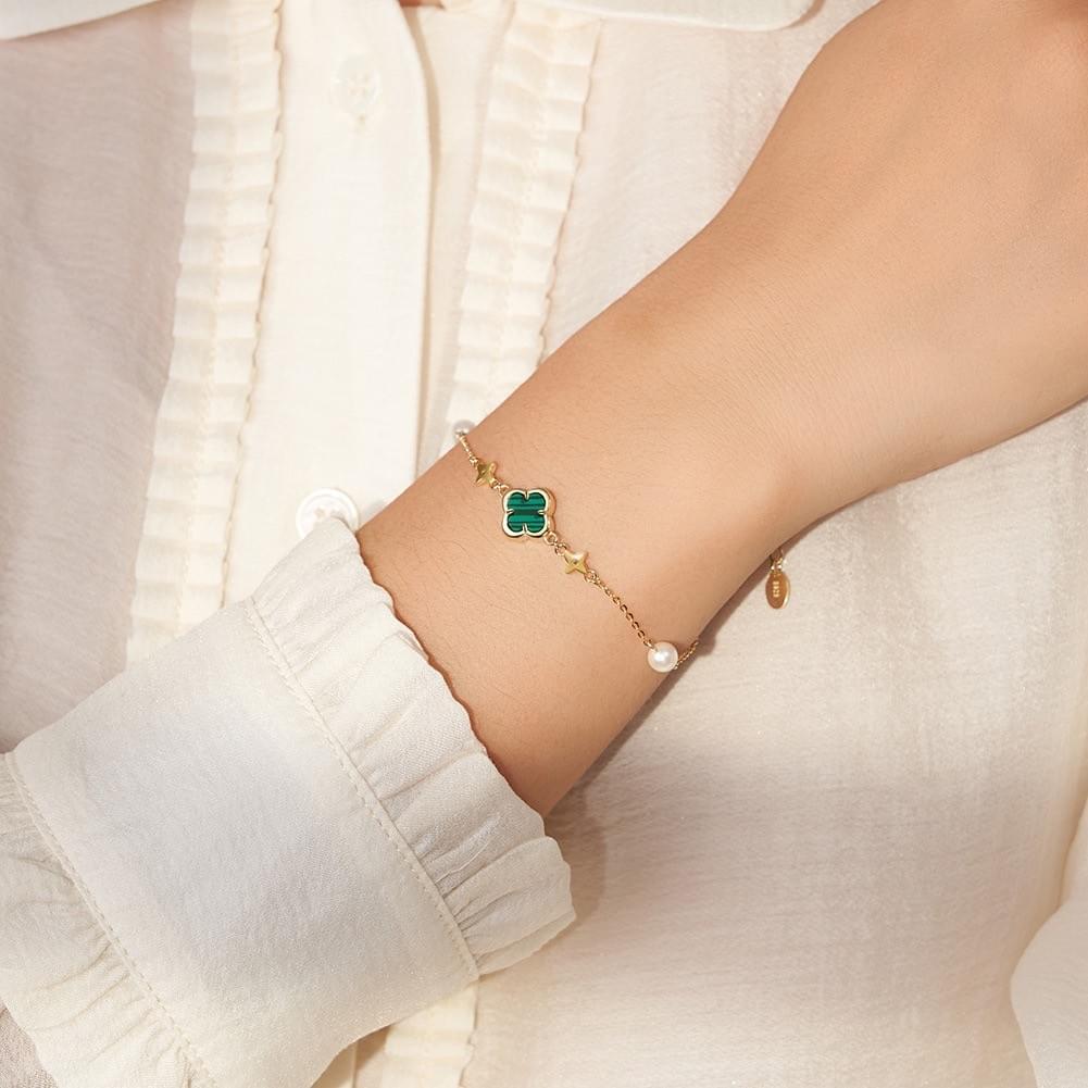 Wholesale Dual-Sided Design Emerald Clover S925 Silver Malachite & Pearl Bracelet