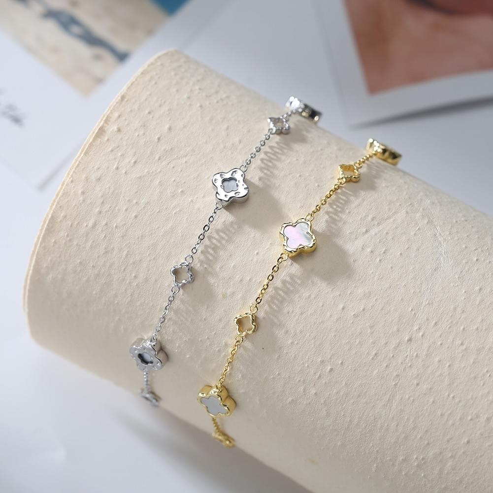 Wholesale S925 Sterling Silver Anklet Hollow Out Four Leaf Clover with White Shell