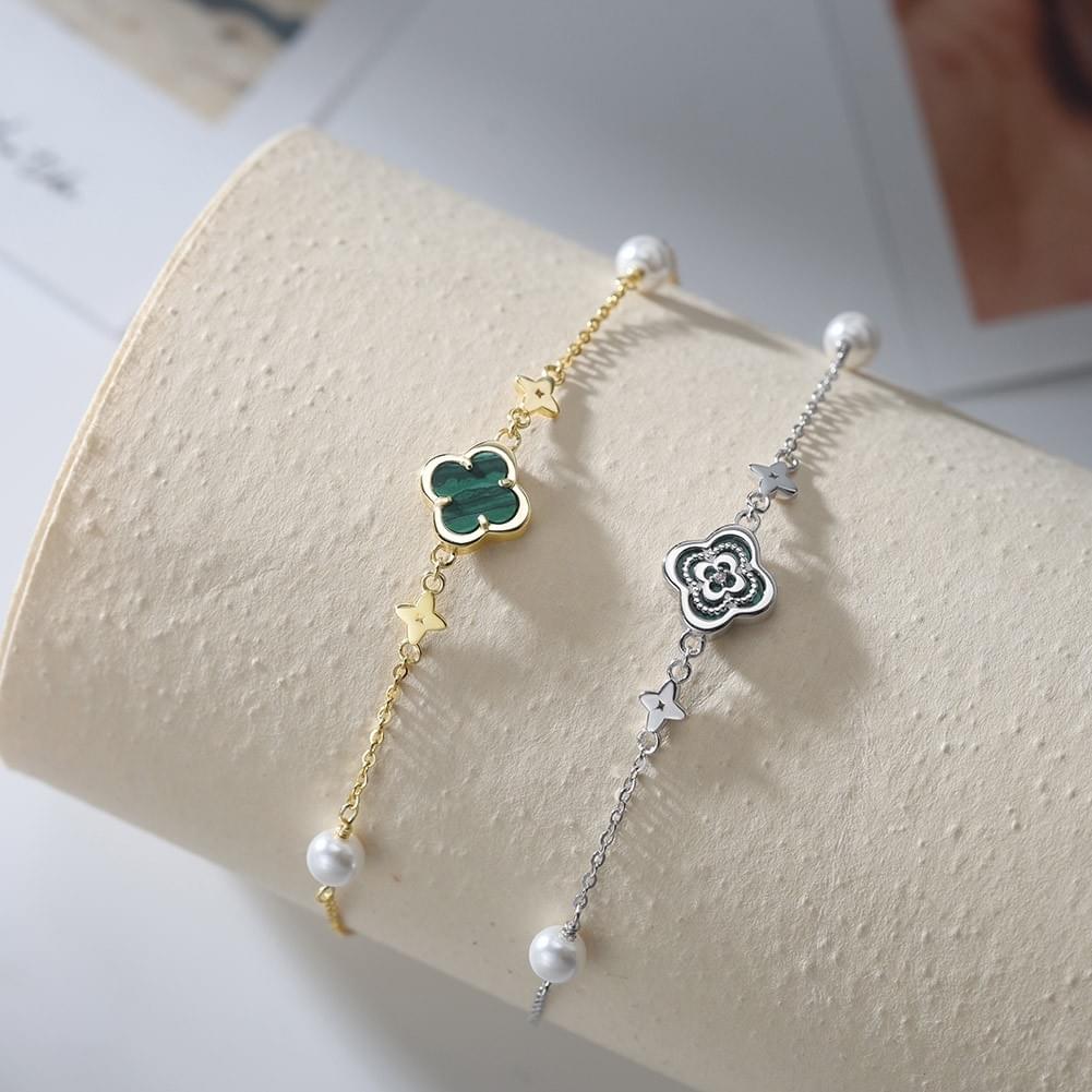 Factory New Style S925 Sterling Silver Malachite Four Leaf Clover Minimalist Dainty Boho Anklet