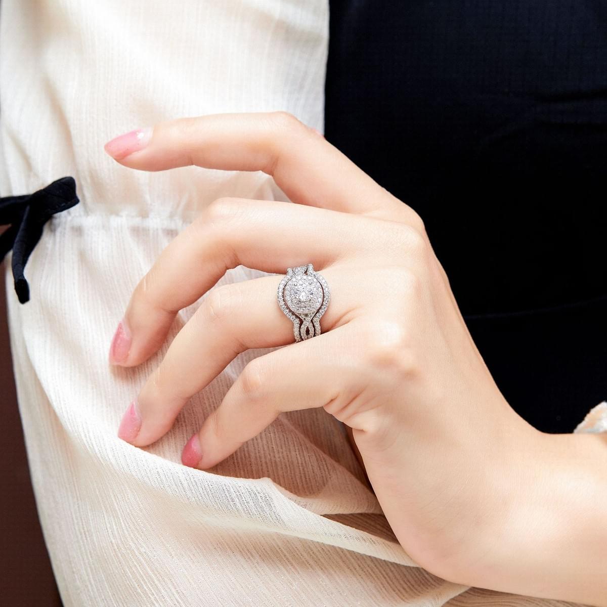 3-Piece Wedding Ring Set 925 Silver with 5A White Zirconia, Rhodium Plated