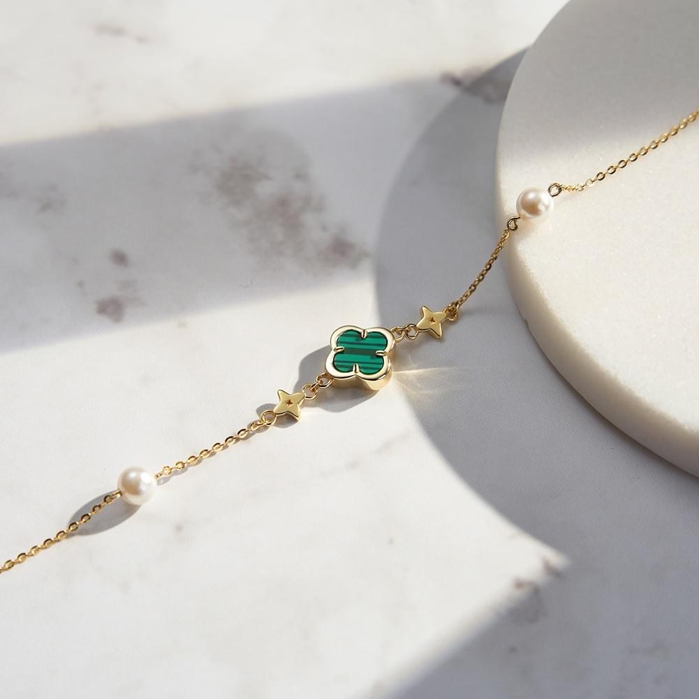 Wholesale Dual-Sided Design Emerald Clover S925 Silver Malachite & Pearl Bracelet