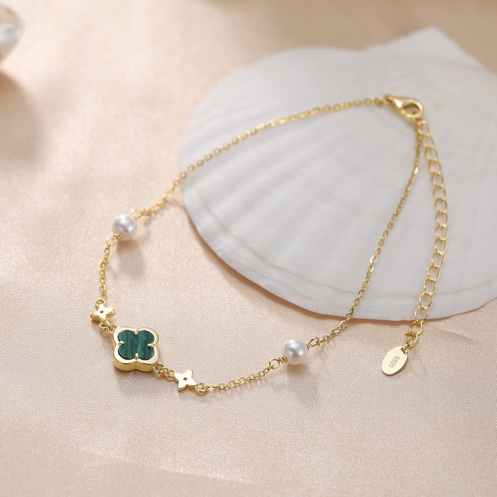Factory New Style S925 Sterling Silver Malachite Four Leaf Clover Minimalist Dainty Boho Anklet