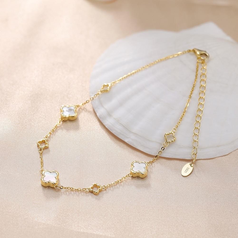 Wholesale S925 Sterling Silver Anklet Hollow Out Four Leaf Clover with White Shell