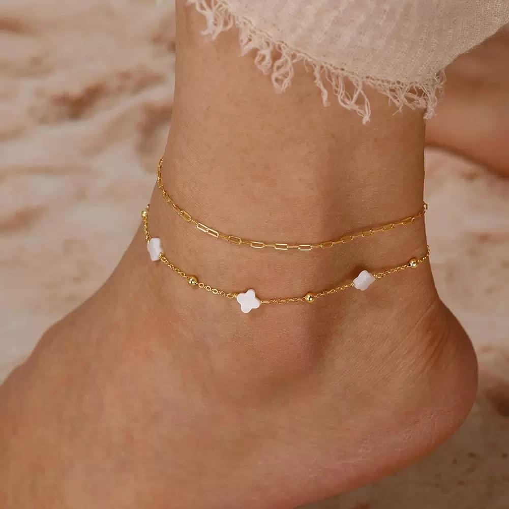 Wholesale 925 Sterling Silver Natural Shell Summer Minimalist Clover Anklet Dainty Girls Gift