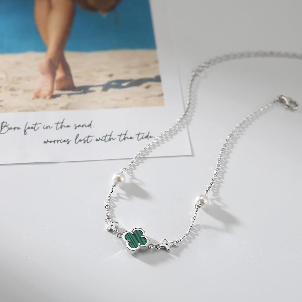 Factory New Style S925 Sterling Silver Malachite Four Leaf Clover Minimalist Dainty Boho Anklet