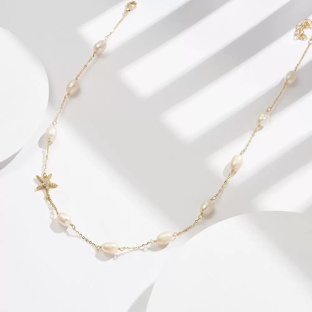B2B Fashion Jewelry S925 Sterling Silver Freshwater Pearl Necklace Starfish Pendant Collarbone Chain