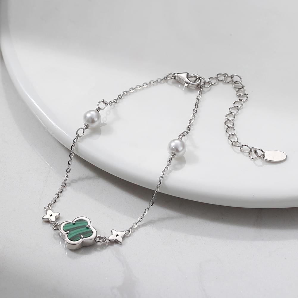 Wholesale Dual-Sided Design Emerald Clover S925 Silver Malachite & Pearl Bracelet
