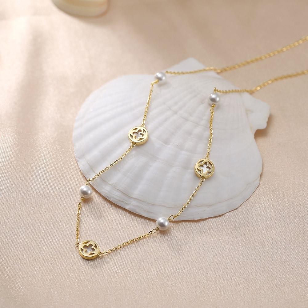 Wholesale S925 Sterling Dual Side Malachite Four Leaf Clover Pearl Bead Reversible Necklace 1