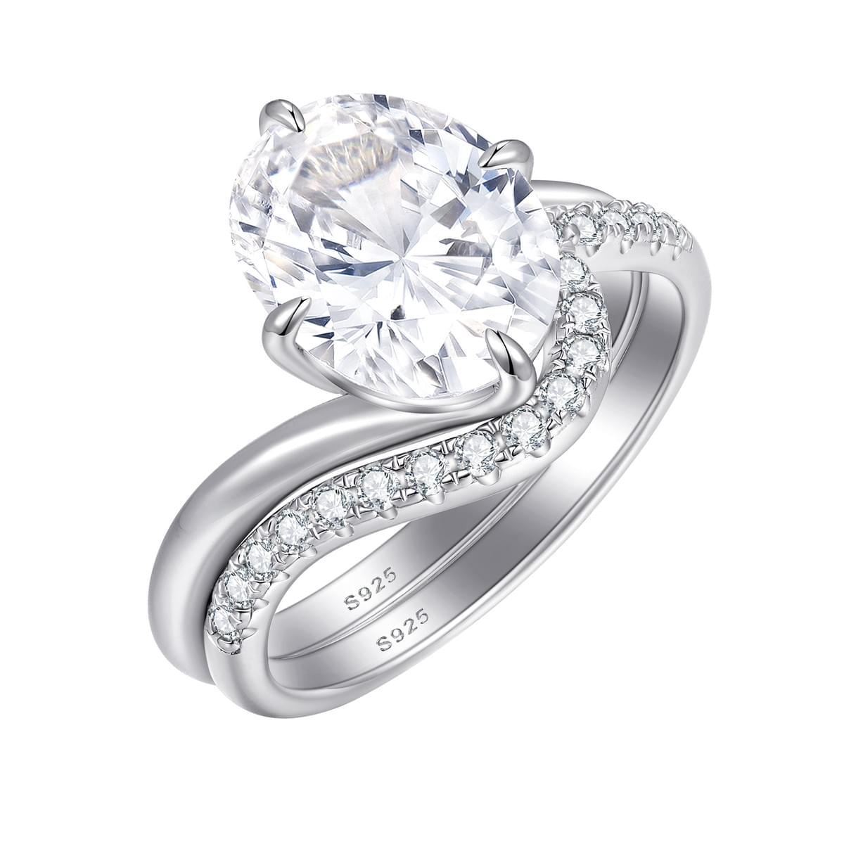 Wave Shaped Oval Zirconia 925 Silver Wedding Band Set, Rhodium Plated