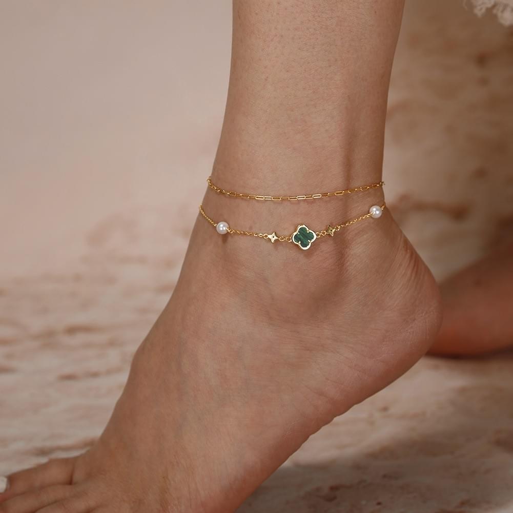 Factory New Style S925 Sterling Silver Malachite Four Leaf Clover Minimalist Dainty Boho Anklet