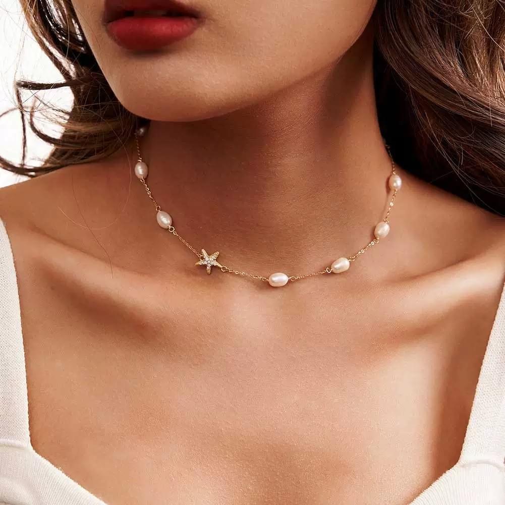 B2B Fashion Jewelry S925 Sterling Silver Freshwater Pearl Necklace Starfish Pendant Collarbone Chain