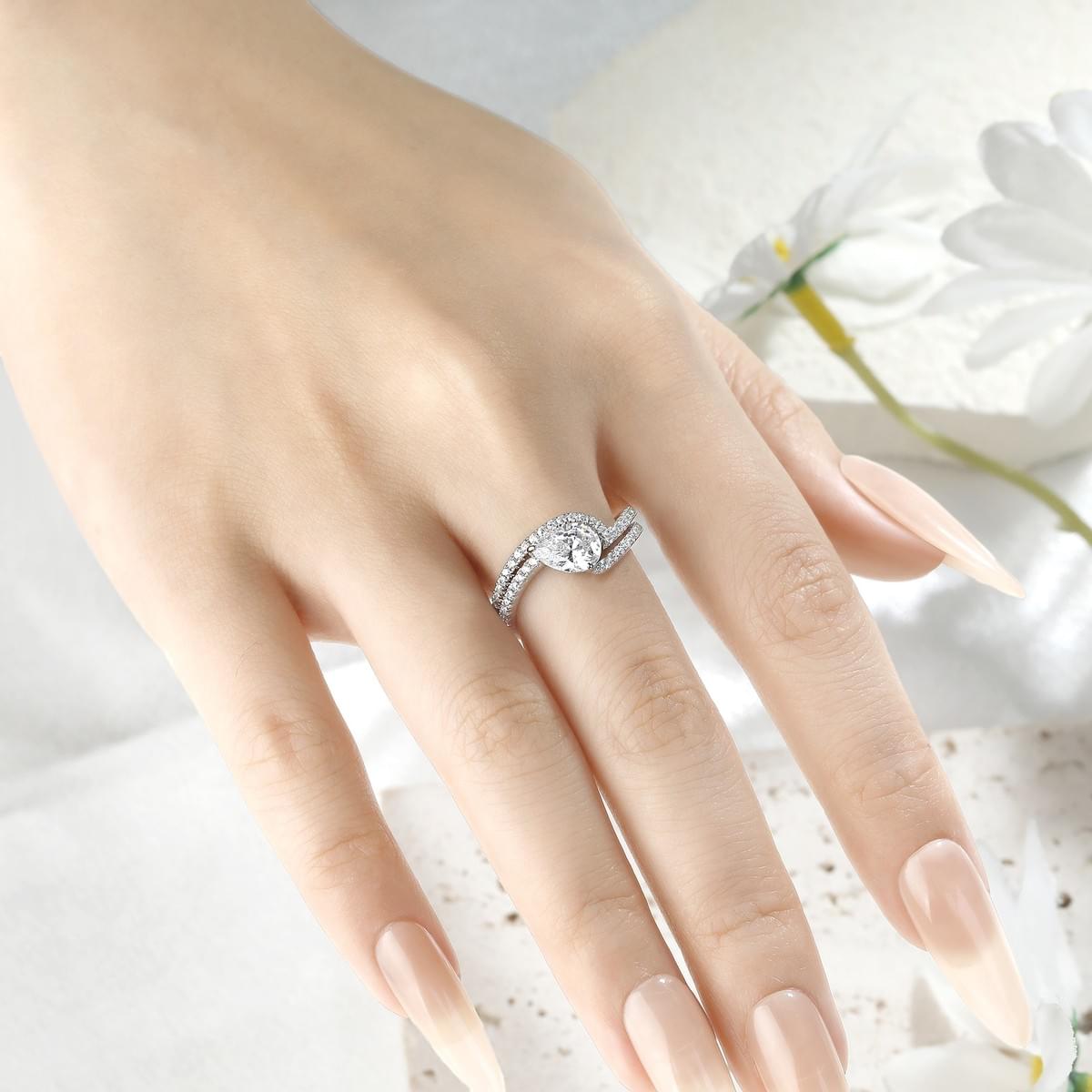 Wholesale S925 Silver 1.25ct 6x8mm Pear CZ Eternity Stacking Rings Wedding Band Set for Women