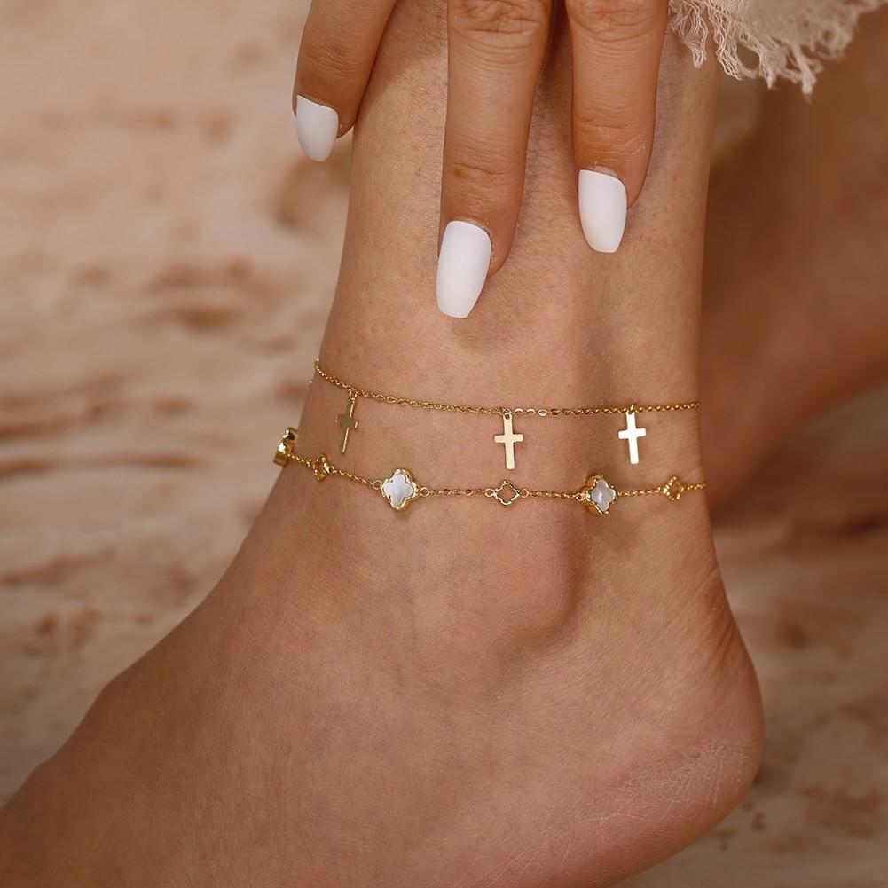 Wholesale S925 Sterling Silver Anklet Hollow Out Four Leaf Clover with White Shell