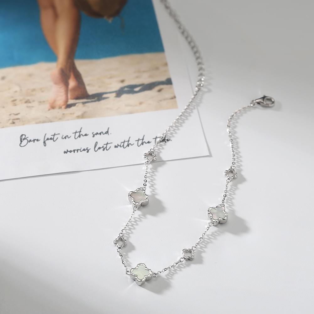 Wholesale S925 Sterling Silver Anklet Hollow Out Four Leaf Clover with White Shell