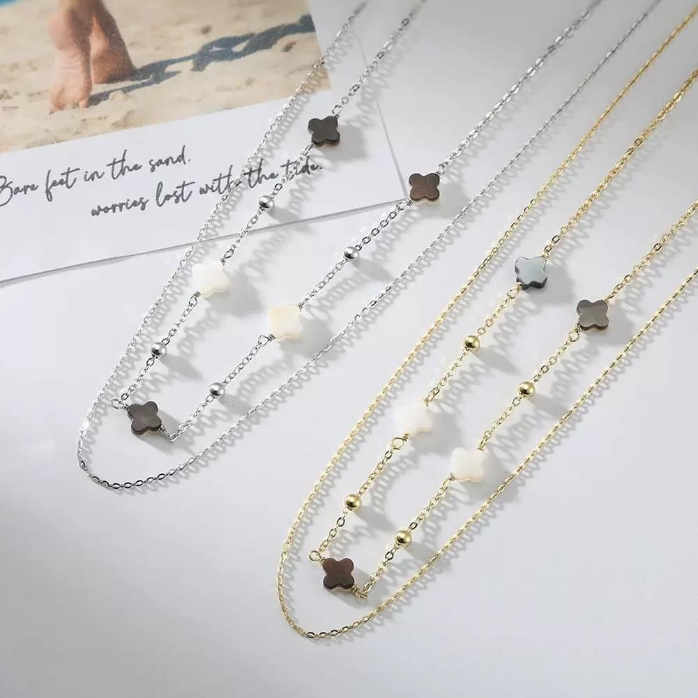 Wholesale 925 Sterling Silver Celestial Boho Double Layer Choker Necklace with Black Shell Clover