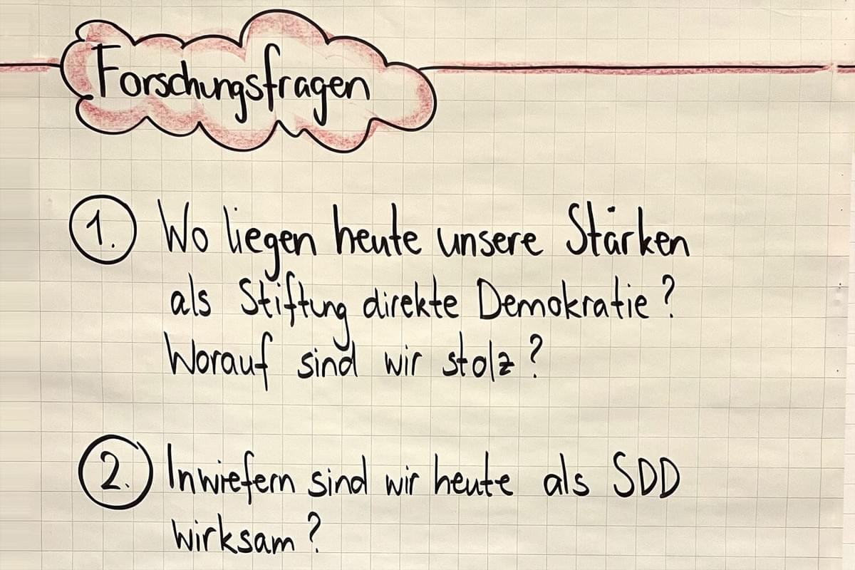 Flip-Chart mit Start-Fragen für die Organisationsentwicklung  der Stiftung für direkte Demokratie.