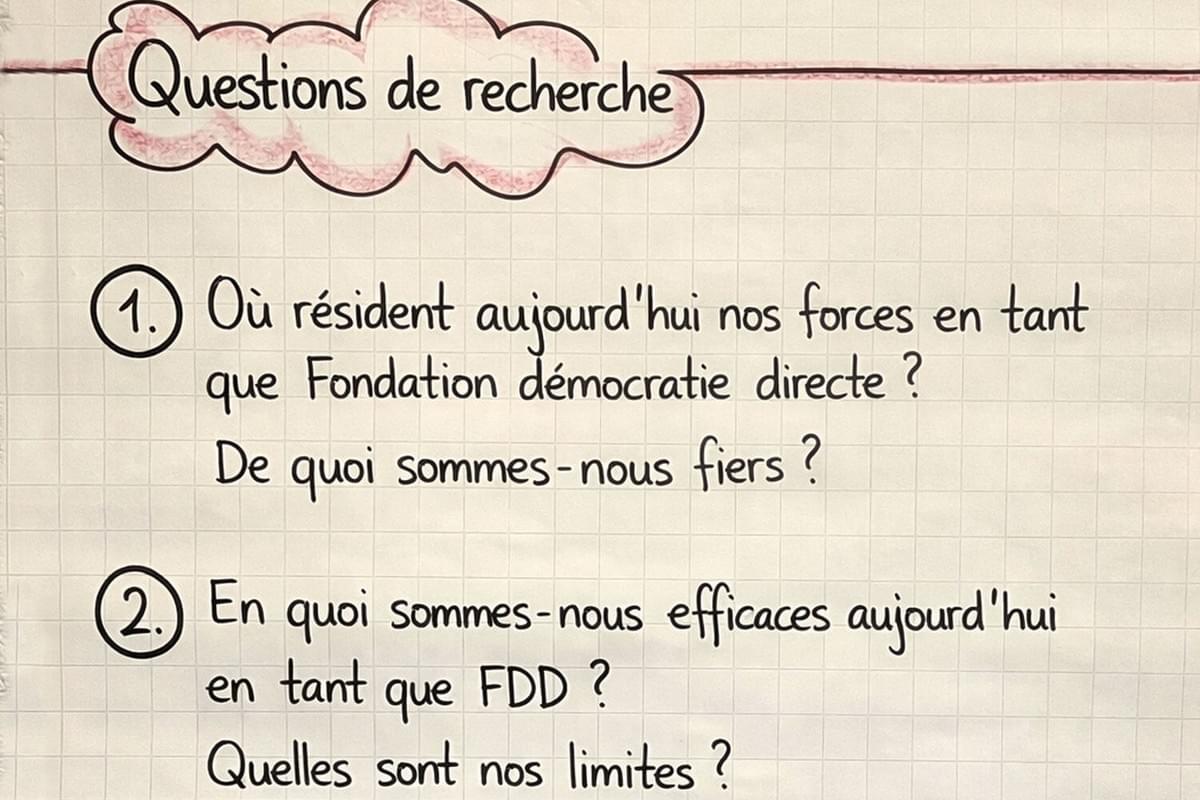 Fiche de tableau à feuilles mobiles présentant les trois questions de recherche pour initier le développement de l'organisation.