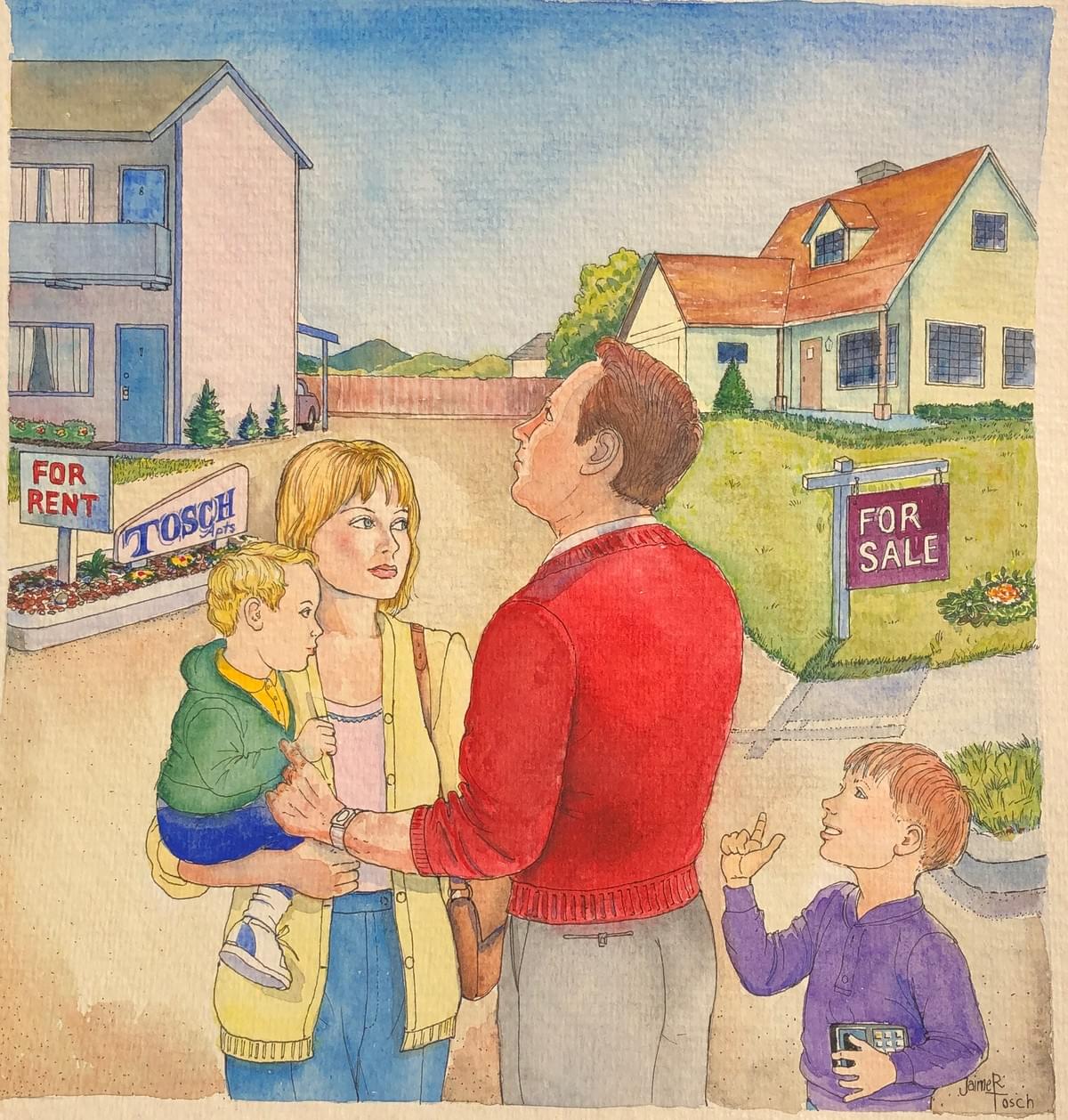 THIS FAMILY WATERCOLOR ILLUSTRATION COULD BE USE FOR REAL ESTATE  STORY  OR ADVERTISING.