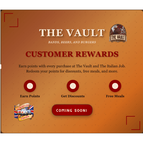 Experience Live Music and Delicious Food Join the Festivities at The Vault Welcome to The Vault, the heart of live music in St Peter Port! Enjoy bands, acoustic acts, our large outdoor al fresco area and our Thursday open mic nights. Savour delicious pub grub from The Italian Job, available for eat-in, takeaway or delivery. Open 7 days a week. Call us on 726162!