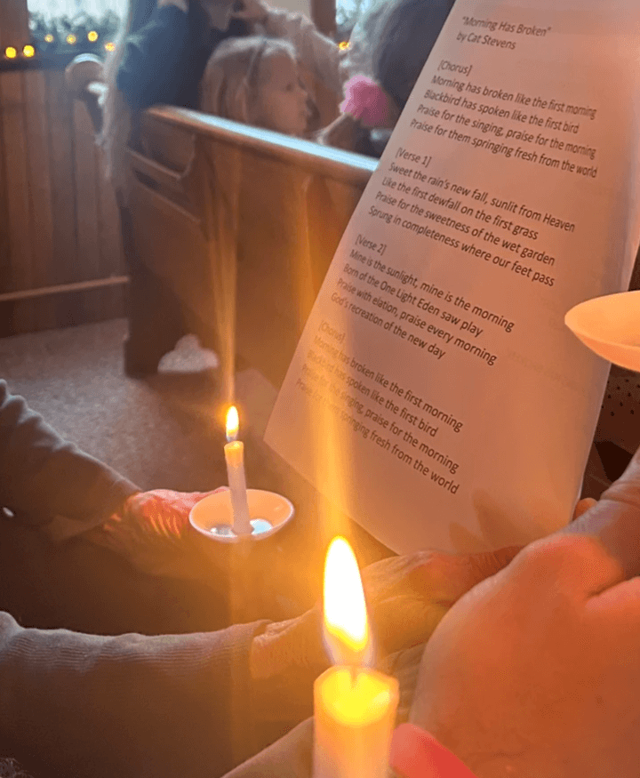 Rico CO community winter solstice celebration 2026 - candles and Morning Has Broken lyrics.
