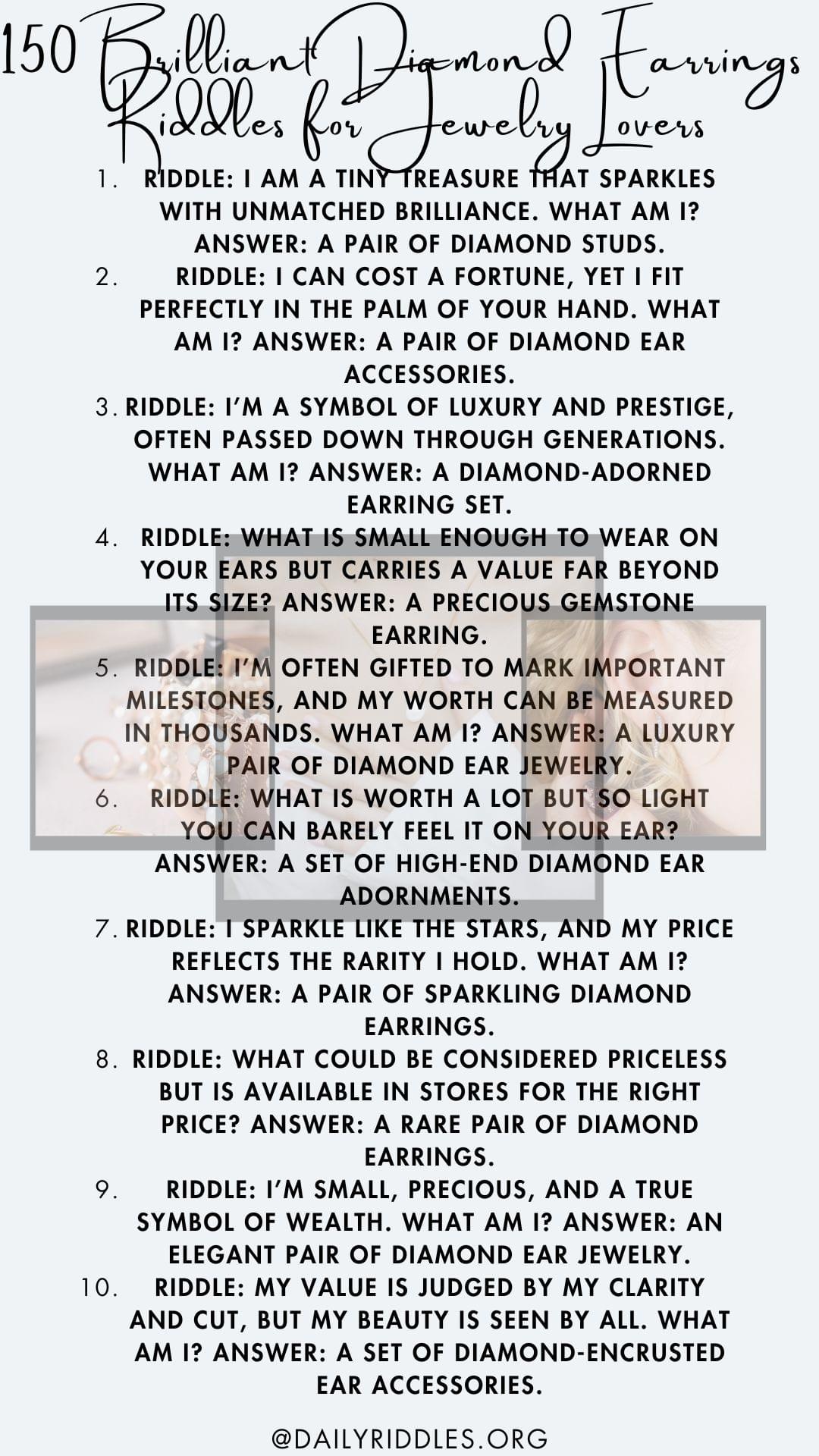 Green Diamond Riddle 150 Brilliant Diamond Earrings Riddles for Jewelry Love...