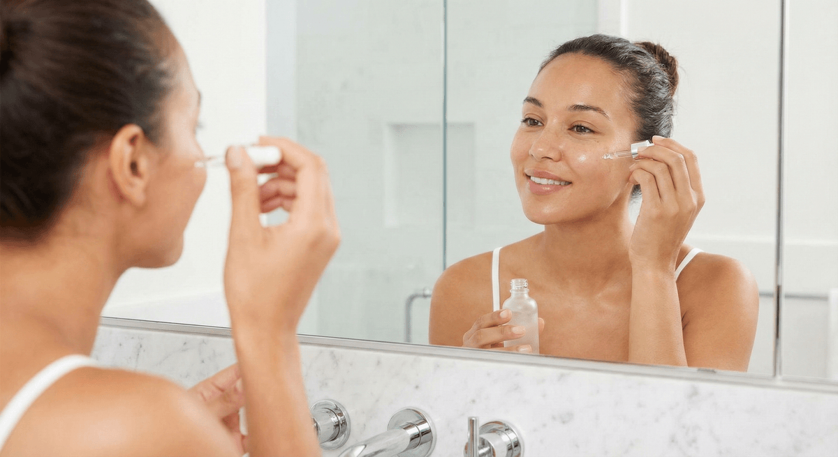 Achieving radiant skin: Woman adding a boost of moisture to her daily regimen with a facial oil or serum available on Glowlink