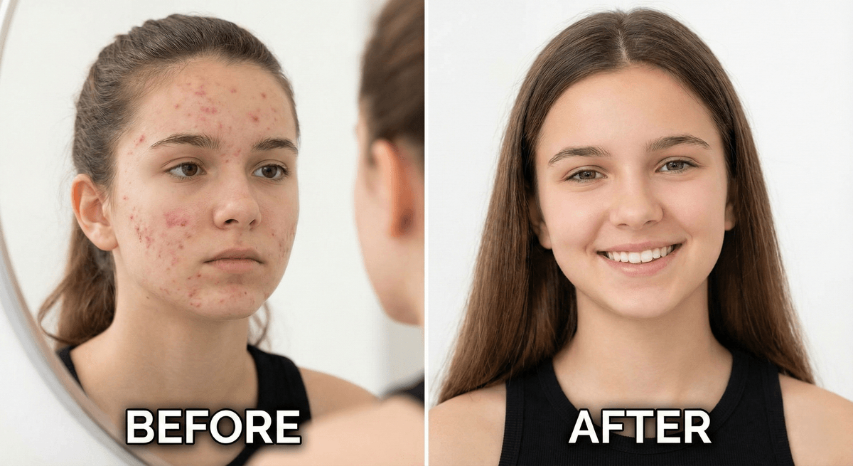 Before and after results of a teenager's skin transformation, highlighting the effectiveness of the Naturallye Teencare Total Pack for clearing breakouts available on Glowlink.