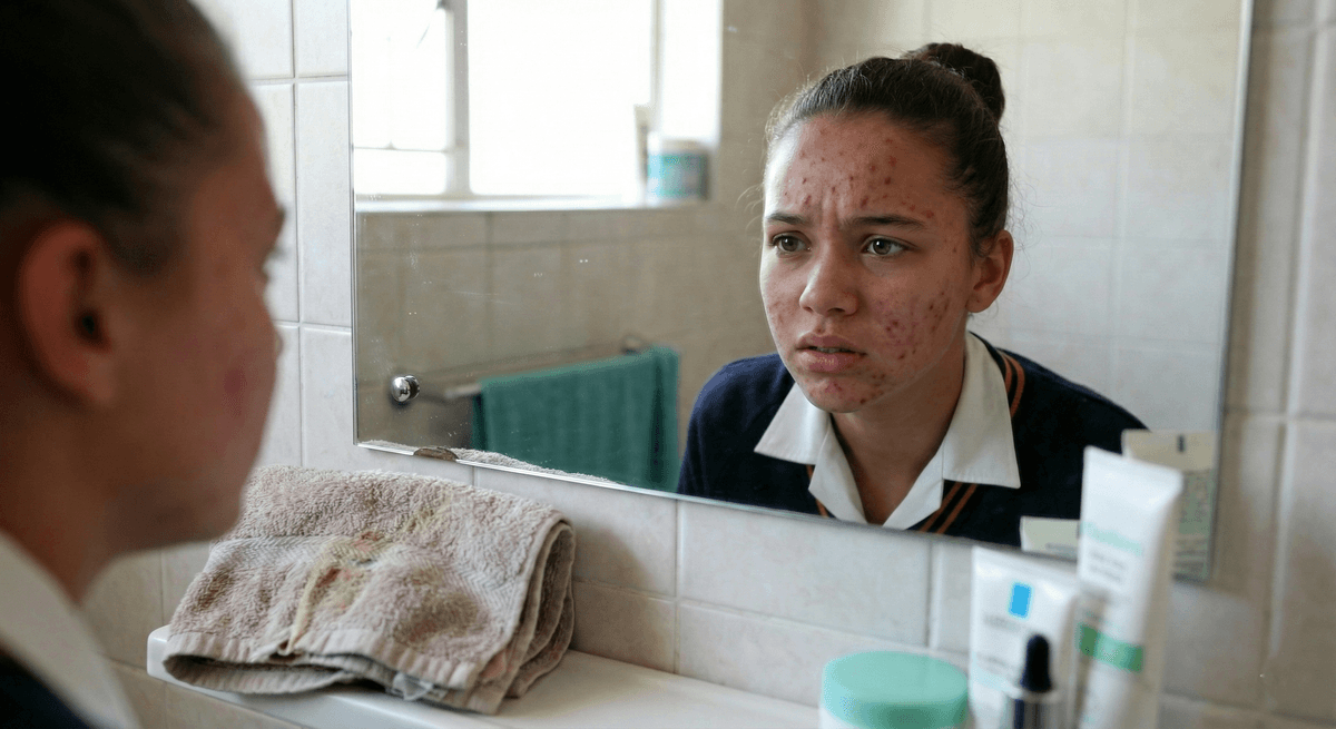 Teenage girl looking in a bathroom mirror examining acne breakouts with various skincare products on the shelf.