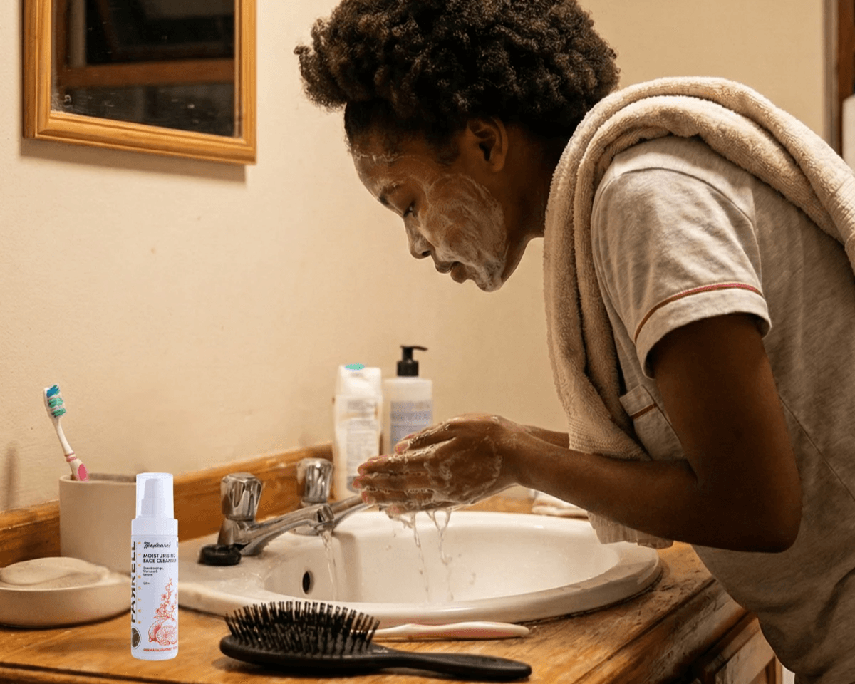 Teenager washing her face at the sink as part of a daily skincare routine using the Naturallye Teencare Total Pack to fight acne.