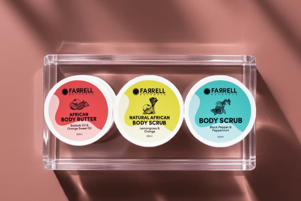 Naturallye body care collection featuring the African Scrub Duo and Body Butter displayed on a clear tray, available on Glowlink.