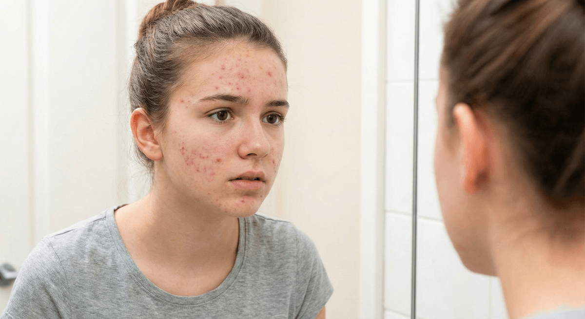 A teenage girl with acne-prone skin examines her face in a bathroom mirror