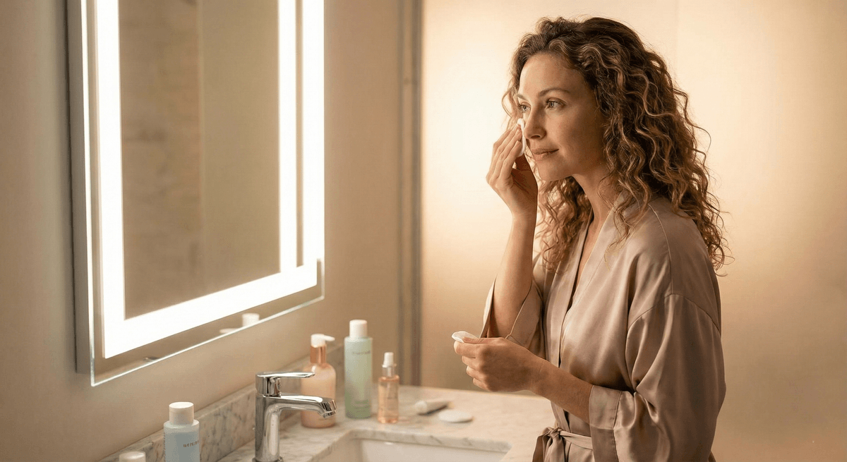 Woman performing her daily beauty regimen in a modern bathroom, surrounded by skincare products available on Glowlink.