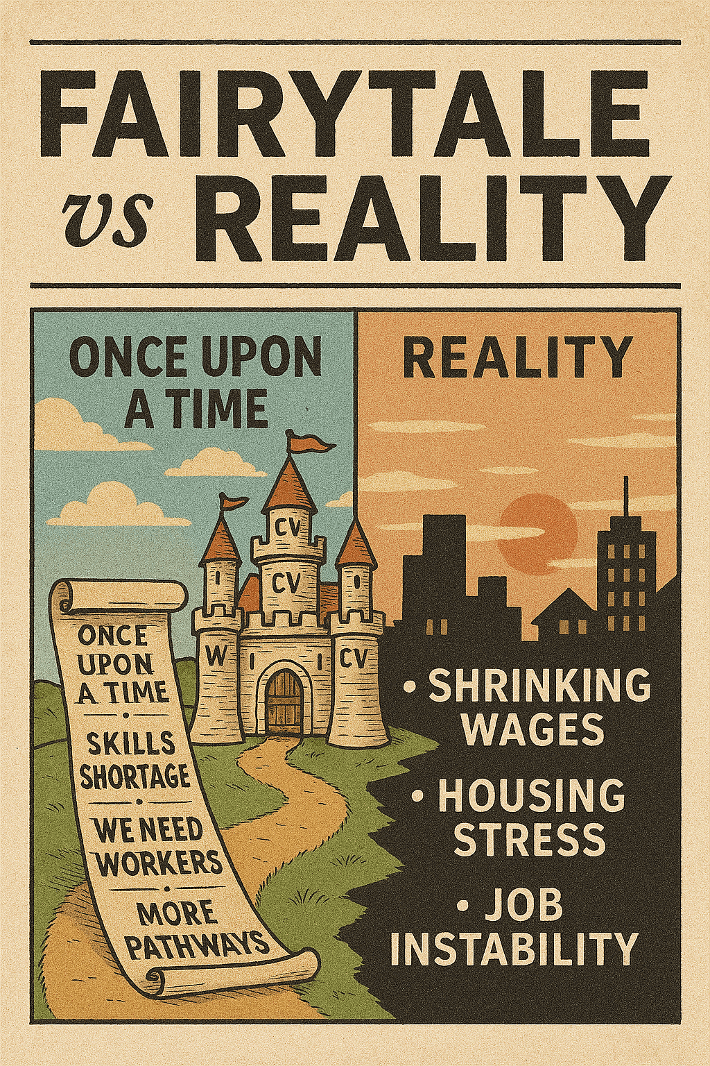 Split editorial cartoon showing a whimsical fairytale castle with scrolls labeled “skills shortage” and “pathways” on the left, contrasted with a stark urban landscape on the right featuring slogans like “shrinking wages,” “housing stress,” and “job instability.” The layout mimics a vintage newspaper, highlighting the gap between official narratives and lived economic realities.