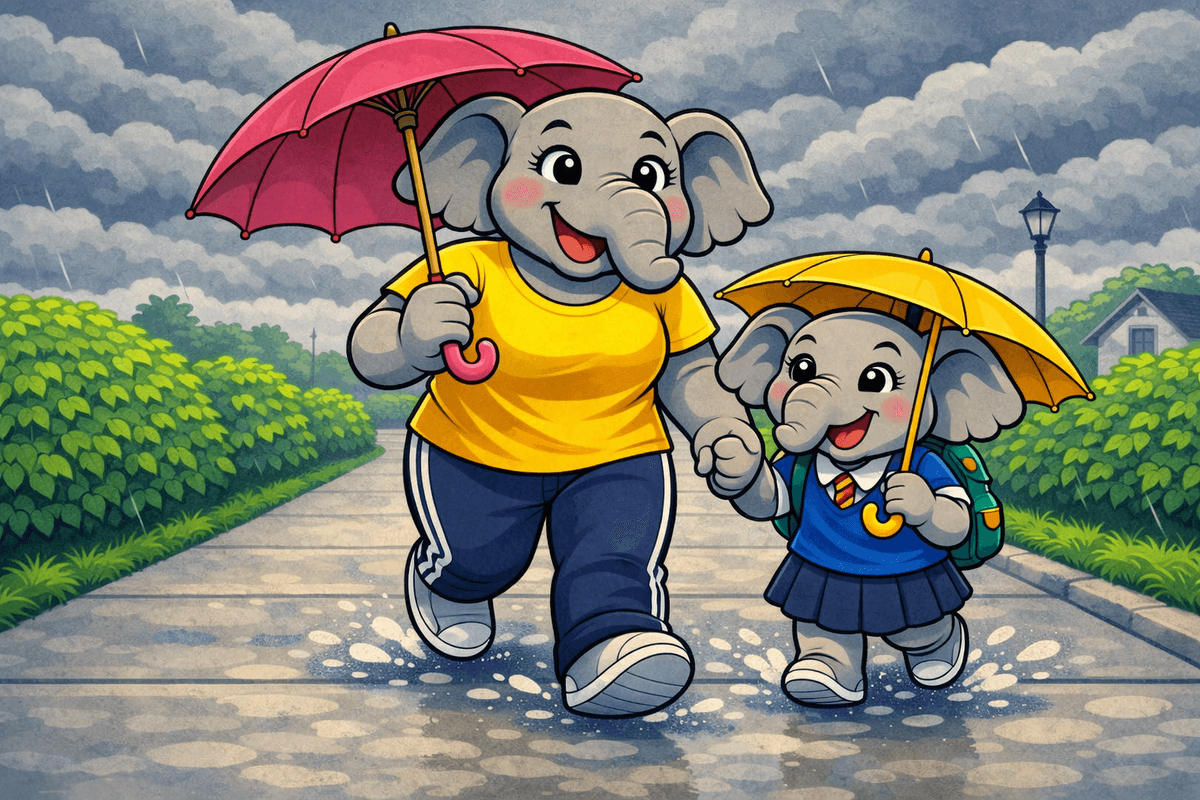 A colourful cartoon illustration shows Nanny Elephant and a little elephant child walking briskly side by side on a wide footpath under dark grey clouds. Nanny Elephant wears a yellow T‑shirt and navy track pants with white stripes and holds a pink umbrella. The little elephant wears a blue school uniform with a white collar, red‑and‑yellow striped tie, and teal backpack, holding a yellow umbrella. Both elephants smile as they stride through small puddles, surrounded by green bushes and a distant lamppost, capturing a cheerful, rainy school‑run moment.