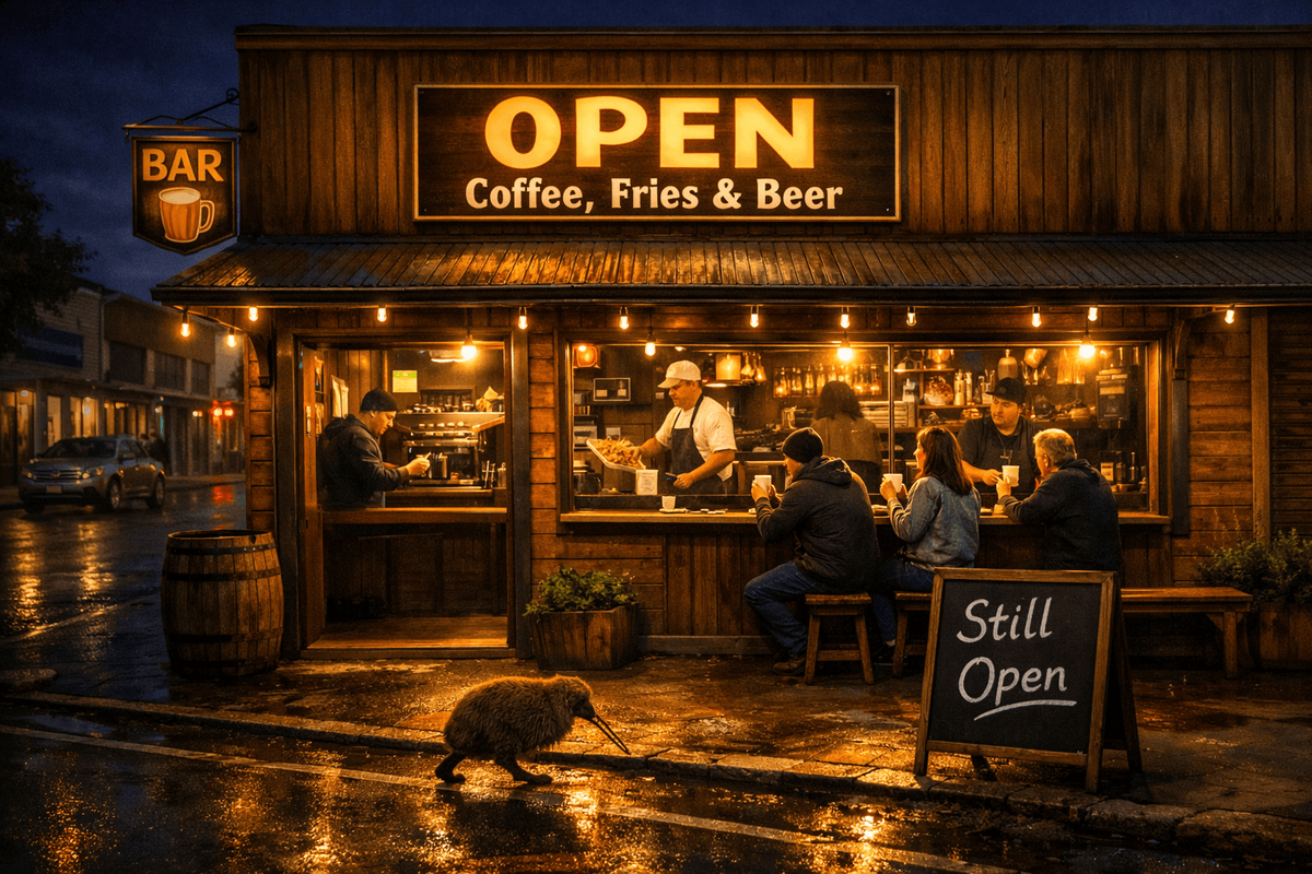 A warmly lit New Zealand bar on a quiet city street at night, the only place still open after 10 pm. Inside, a barista makes coffee, a cook fries chips, and a bartender pours beer while customers sip drinks and eat fries under hanging lights. A chalkboard outside reads ‘Still Open,’ and the wet pavement reflects the bar’s golden glow against the dark, closed shops around it