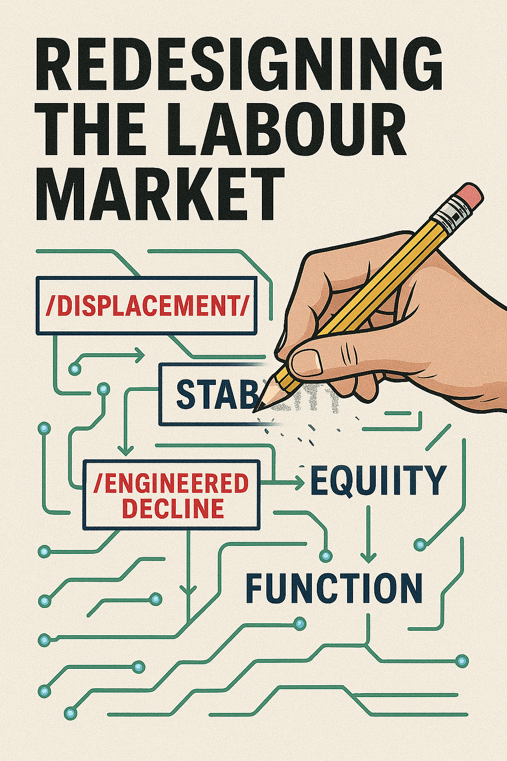 A stylized editorial illustration shows a hand erasing the word “INSTABILITY” from a labour-market blueprint and replacing it with “STABILITY.” The hand holds a yellow pencil with a pink eraser, and eraser crumbs scatter across the paper-textured background. Above, the headline reads “REDESIGNING THE LABOUR MARKET” in bold black serif text. Circuit-like green lines connect labeled boxes: “DISPLACEMENT” and “ENGINEERED DECLINE” in red, followed by “EQUITY” and “FUNCTION” in dark blue. The overall tone is hopeful and clean, evoking a printed op-ed visual.