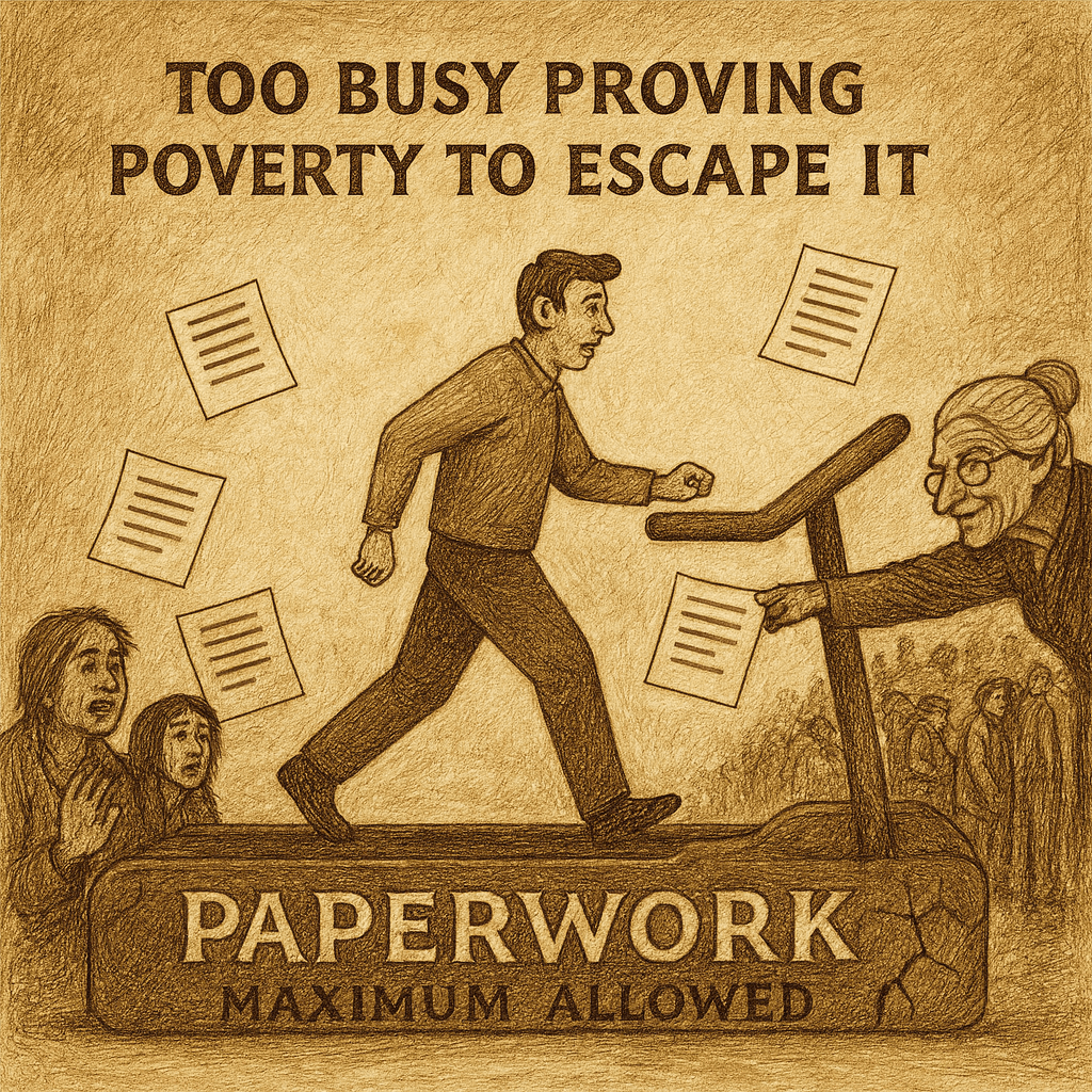 A sepia-toned, hand-drawn illustration shows a weary man walking on a treadmill labeled “PAPERWORK,” surrounded by floating sheets of forms. Above him, bold serif text reads “TOO BUSY PROVING POVERTY TO ESCAPE IT.” The background resembles aged parchment, evoking the style of a vintage political cartoon.