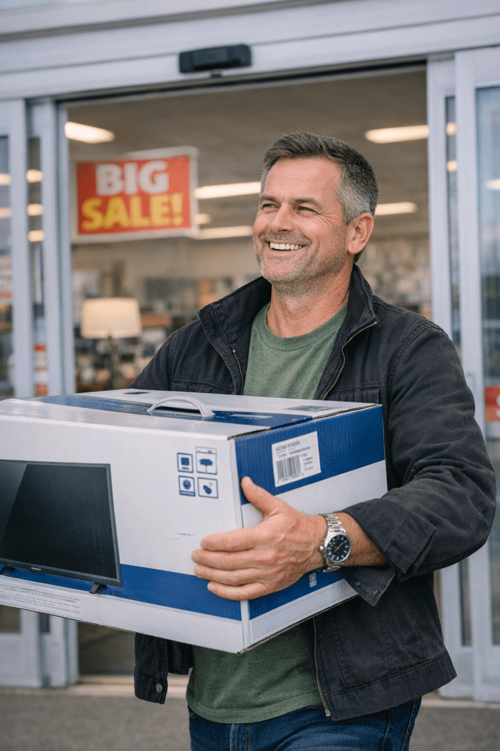 A shopper walks triumphantly out of a store holding a large monitor box capturing the spiritual victory of a successful price match.