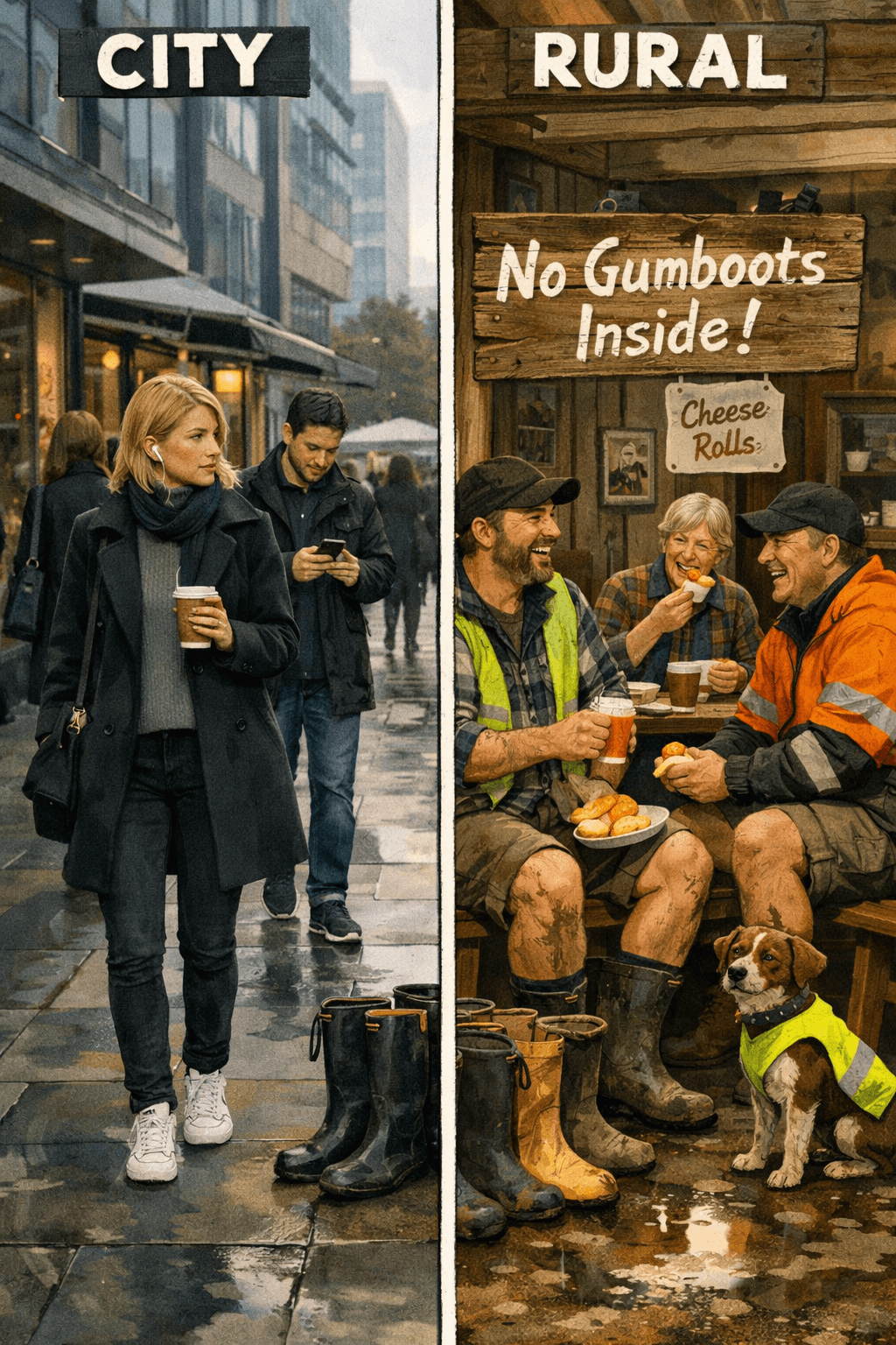    A split‑screen illustration comparing New Zealand city and rural fashion. On the left, a stylish woman in a black coat, grey turtleneck, and white sneakers walks down a sleek urban street holding a coffee cup, while two other people in dark coats stroll behind her past glass buildings and a coffee cart. On the right, a rustic café scene shows locals in Swanndris, flannel shirts, hi‑vis vests, and shorts eating cheese rolls beside a hand‑painted wooden sign reading “No Gumboots Inside!” Muddy gumboots line the doorway, and a dog in a hi‑vis vest sits nearby.