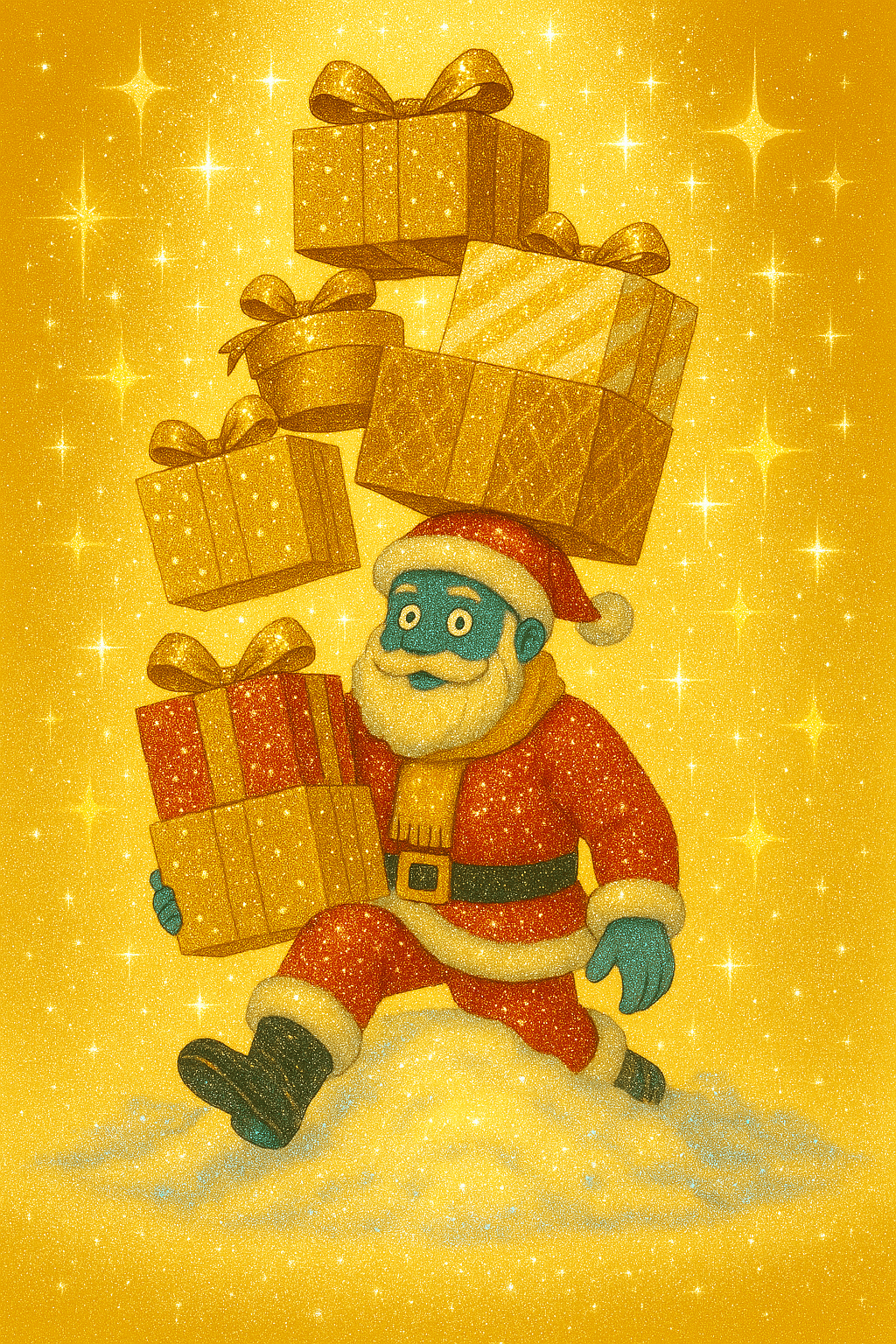 Santa Claus, with blue skin and a determined expression, walks through deep, glittering snow while balancing a towering stack of golden gift boxes. His red sequined suit sparkles under a golden spotlight, accented by a yellow scarf, white fur trim, and black boots. The background glows with shimmering stars and festive sparkles, amplifying the glam twist. Each gift is wrapped in gold paper with distinct patterns and glittering bows. The scene radiates warmth, whimsy, and holiday resilience. Santa Claus, with blue skin and a determined expression, walks through deep, glittering snow while balancing a towering stack of golden gift boxes. His red sequined suit sparkles under a golden spotlight, accented by a yellow scarf, white fur trim, and black boots. The background glows with shimmering stars and festive sparkles, amplifying the glam twist. Each gift is wrapped in gold paper with distinct patterns and glittering bows. The scene radiates warmth, whimsy, and holiday resilience.