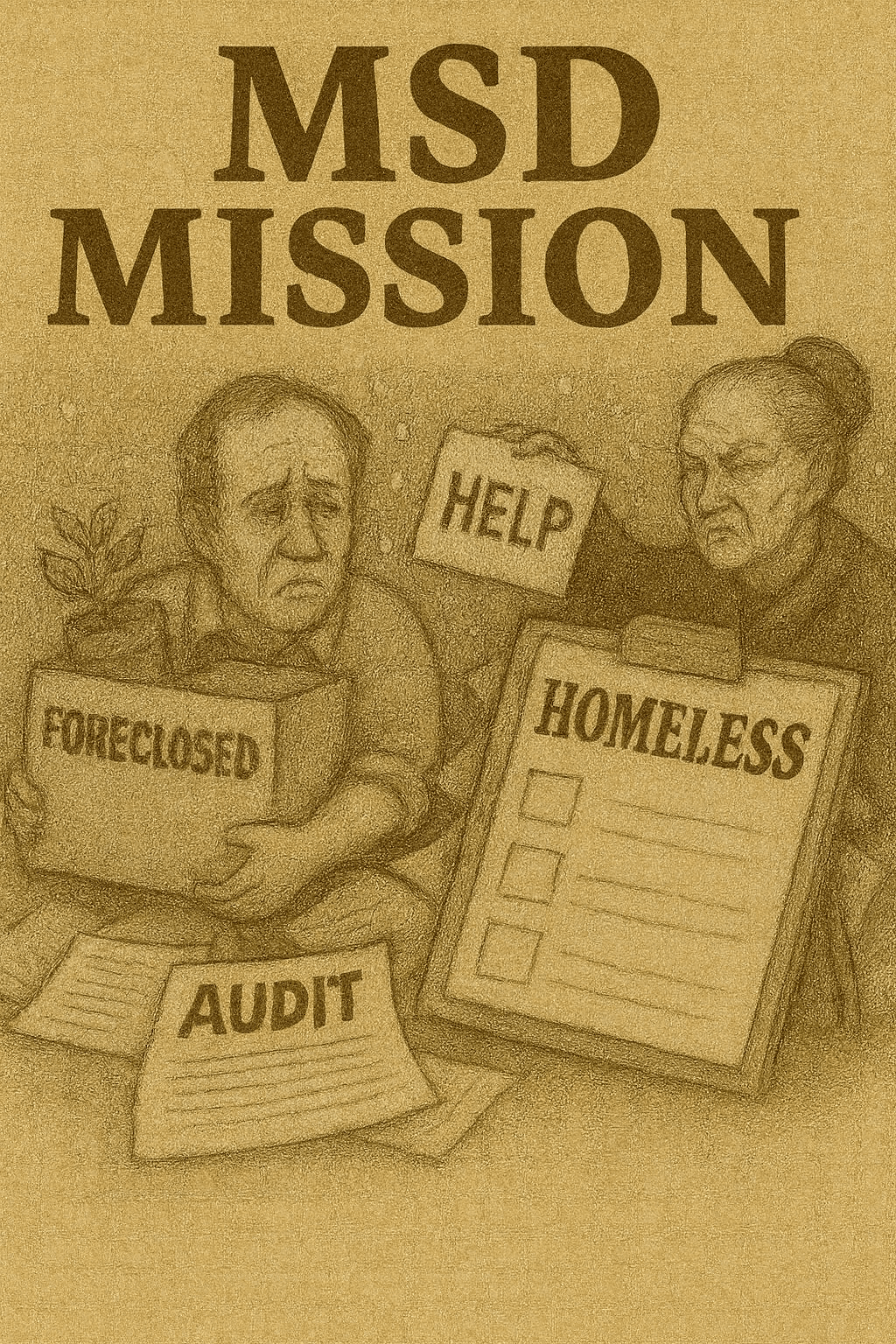 A vintage-style illustration shows two distressed individuals surrounded by refusal-coded paperwork. On the left, a man holds a cardboard box labeled “FORECLOSED” and sits beside a paper labeled “AUDIT.” His expression is weary and defeated. On the right, a stern elderly woman with a tight bun hands him a sign that reads “HELP.” In front of her is a large clipboard labeled “HOMELESS” with three empty checkboxes.” The entire image is rendered in sepia tones with textured shading and cross-hatching, evoking a satirical editorial cartoon.