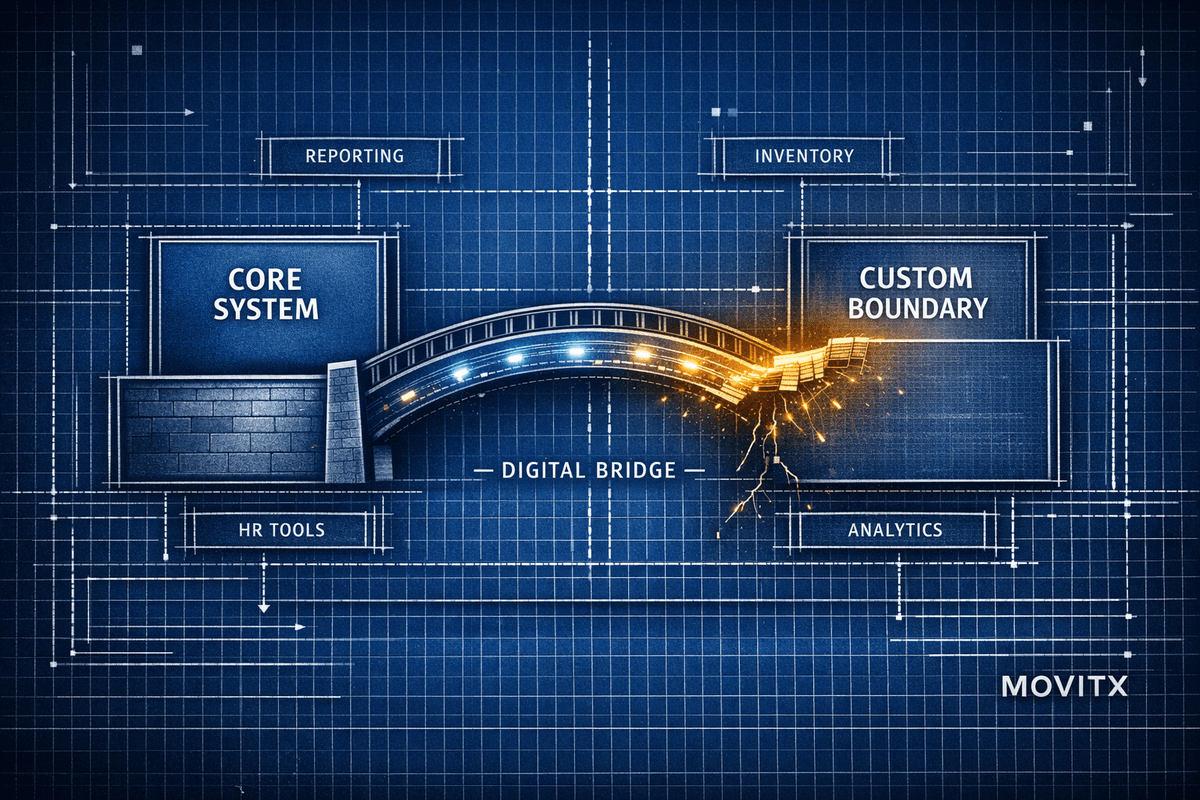 A blueprint-style digital illustration showing a structured “Digital Bridge” connecting two system areas labeled Core System on the left and Custom Boundary on the right. The bridge is solid on the left but frayed on the right, with glowing amber sparks where the connection weakens. Smaller labeled modules — Reporting, Inventory, HR Tools, and Analytics — surround the main blocks, all linked by fine blueprint lines. The background features a technical grid and circuit-like patterns, with the word MOVITX in white text at the bottom right corner.